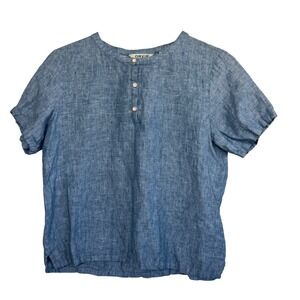Orvis Women's Top Blue Linen Blend Chambray Button Short Sleeve Henley Size S